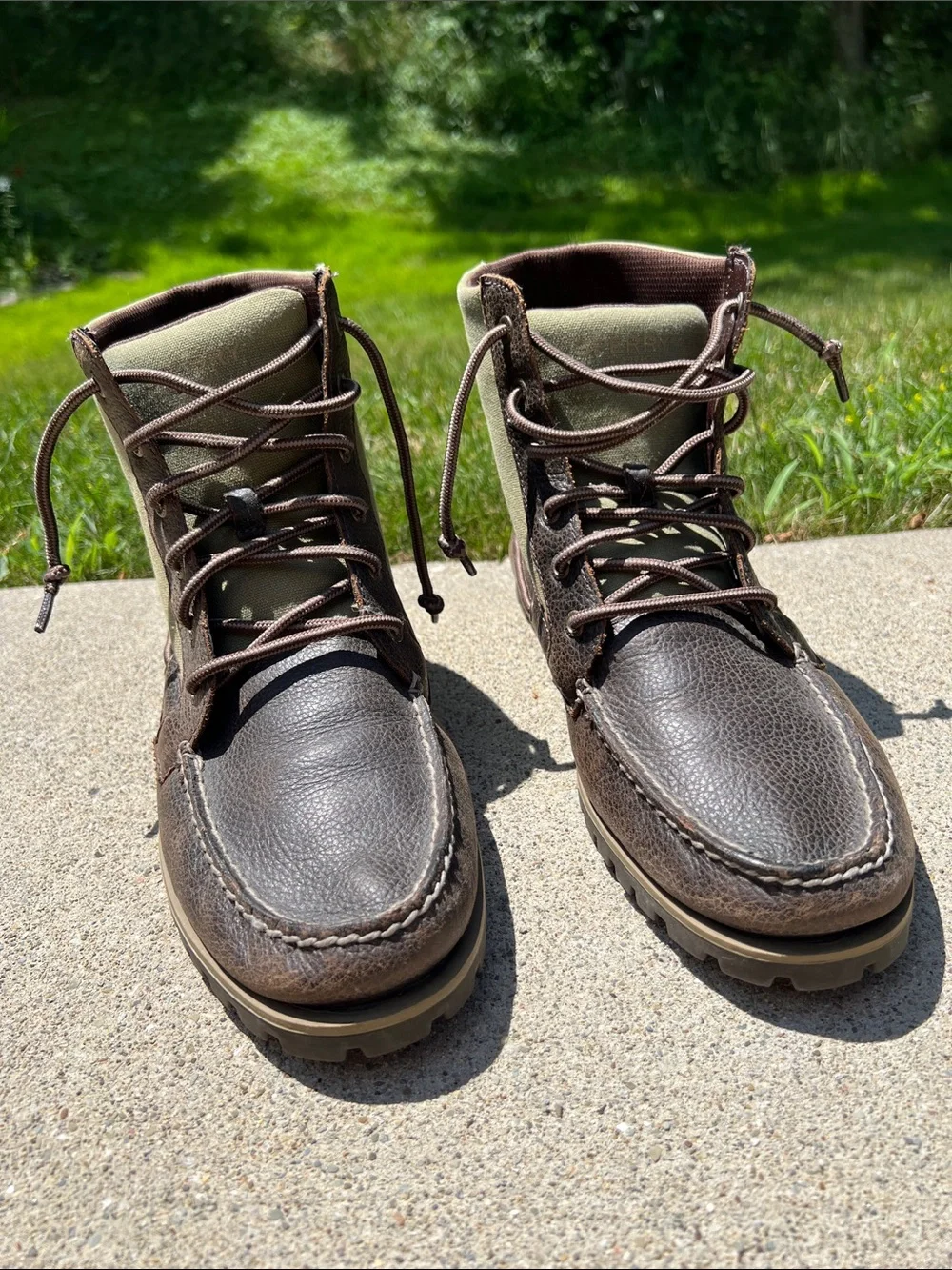 Sperry Top-Sider Brown Leather Green Canvas Boat Boots Hunting Boots Men’s 11.5M